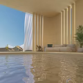 Scenic View From Indoor Arched Opening With Blue Sky And Sand Dunes By Pool Water