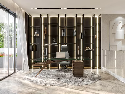 Modern Luxury Study Room Interior With Built in Bookshelves Desk Chair And Decorative Lighting 3d model