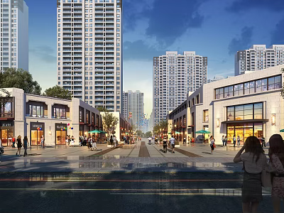 Vibrant Modern Commercial Street With High Rise Buildings Pedestrians And Shops 3d model