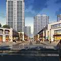Vibrant Modern Commercial Street With High Rise Buildings Pedestrians And Shops