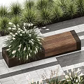Modern Garden Ornaments With Lush Green Plants Wooden Benches And Patterned Paving Tiles