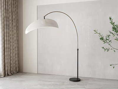 Modern Arched Floor Lamp with White Shade Black Stand Gray Wall and Green Plant 3d model