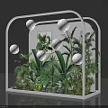 Lush Green Plant Arrangement In White Framed Display Case With White Spherical Decorations