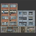 Multi Storey Residential Building With Red and Blue Facade Multiple Windows And Ground Floor Shops