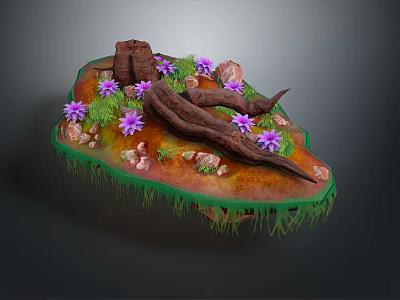 Wooden Logs And Stone Rocks With Purple Flowers On Green Grass 3d model