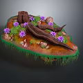Wooden Logs And Stone Rocks With Purple Flowers On Green Grass