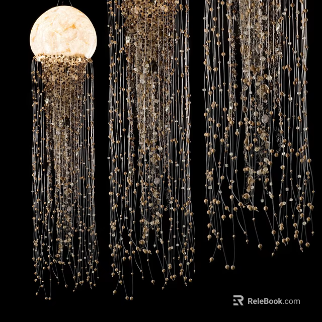 Elegant Decorative Chandelier With Hanging Beads And Crystal Chains Against Black Background 3d model 