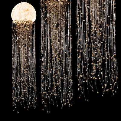 Elegant Decorative Chandelier With Hanging Beads And Crystal Chains Against Black Background 3d model