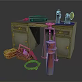 Green Workbench With Tools Equipment Wooden Box Red Component And Cable Setup
