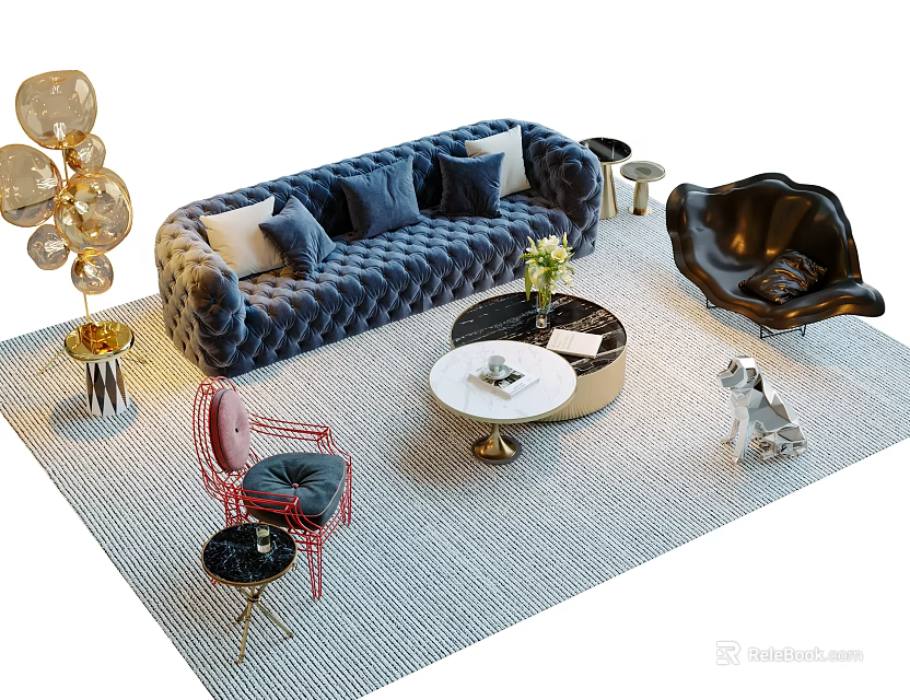 Modern Luxury Tufted Velvet Sofa And Marble Coffee Table Set For Elegant Living Room 3d model 
