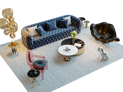 Modern Luxury Tufted Velvet Sofa And Marble Coffee Table Set For Elegant Living Room 3d model