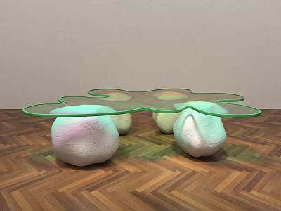 Modern Coffee Table With Transparent Glass Top And Illuminated White Organic Legs On Herringbone Floor 3d model