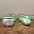 Modern Coffee Table With Transparent Glass Top And Illuminated White Organic Legs On Herringbone Floor