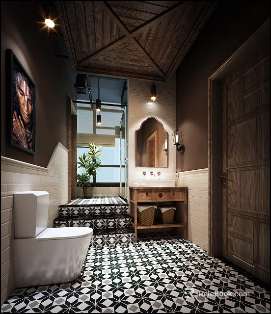 Elegant Bathroom Interior With Wooden Ceiling Mirror Vanity Black White Tiles And Green Plant 3d model 