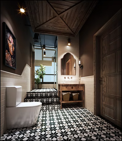 Elegant Bathroom Interior With Wooden Ceiling Mirror Vanity Black White Tiles And Green Plant 3d model