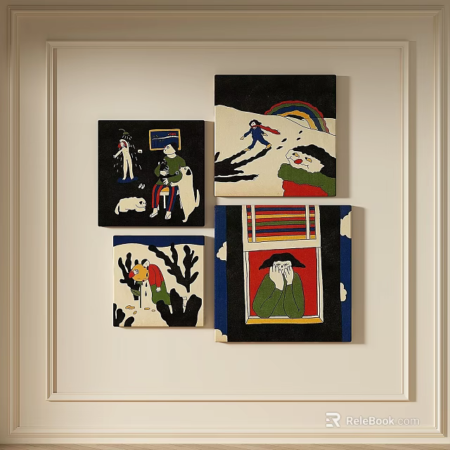 Colorful Abstract Paintings Featuring Figures Rainbow And Scenes On Wall 3d model