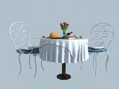 Wrought Iron Table and Chair Set with Round White Tablecloth Red Roses and Blue Cushions 3d model