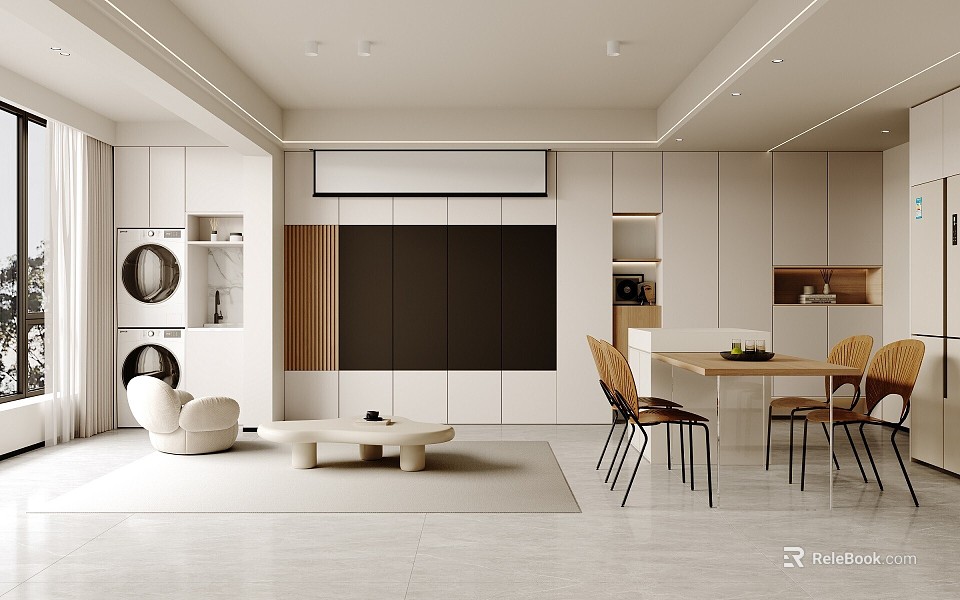 Modern Living And Dining Room Interior With White Cabinets Black TV Wall And Wooden Table 3d model 