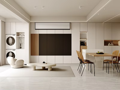 Modern Living And Dining Room Interior With White Cabinets Black TV Wall And Wooden Table 3d model