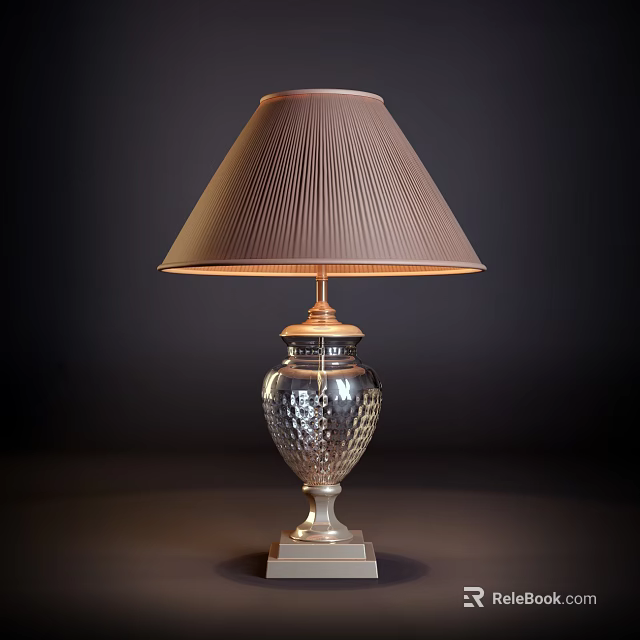 Elegant Table Lamp With Brown Pleated Lampshade And Silver Honeycomb Base 3d model 