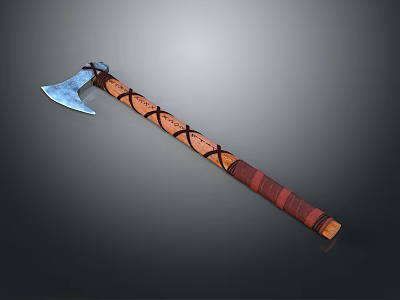 Blue Head Axe With Brown Red Handle And Cross Straps On Gray Background 3d model