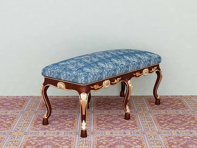 Elegant Sofa Bench With Blue Floral Upholstery And Wooden Legs With Gold Accents 3d model