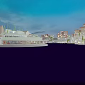 Scenic Evening Commercial Landscape With Modern Buildings Waterfront And Illuminated Reflections