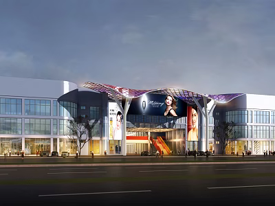 Modern Commercial Complex With Glass Facade Large Digital Screens And Entrance Design 3d model
