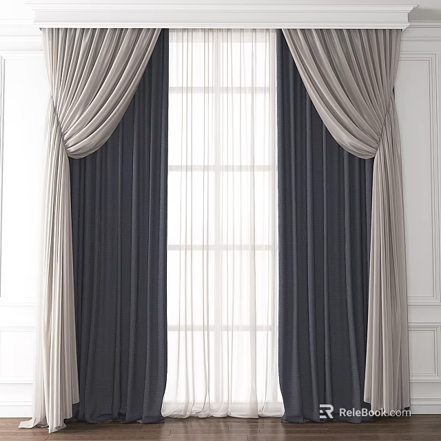 Elegant Double Layer Curtains With Light And Dark Colors For Window Decoration 3d model