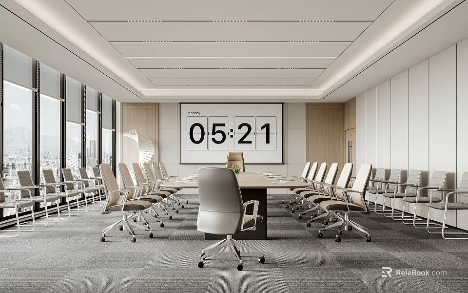 Modern Conference Room With Large Windows Long Table Multiple Chairs And Time 3d model