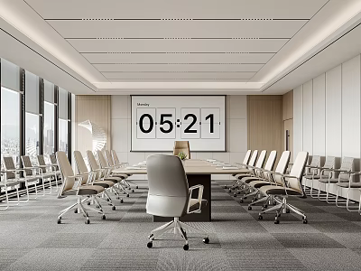 Modern Conference Room With Large Windows Long Table Multiple Chairs And Time 3d model