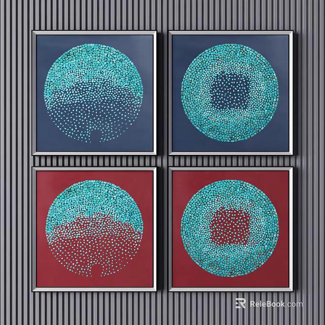 Four Art Paintings With Circular Dot Patterns On Blue And Red Backgrounds 3d model