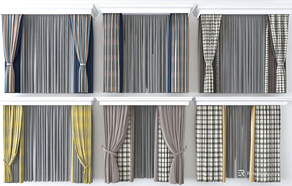 Diverse Curtain Designs With Striped Plaid And Solid Color Patterns For Windows 3d model