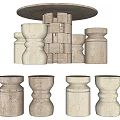 Round Stone Table with Cylindrical Stools Beige and Brown Layered Design Geometric Base 3d model