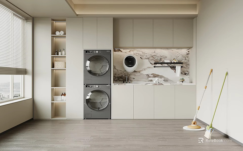 Laundry Room Interior With Stacked Washer Dryer White Cabinets Marble Countertop And Mop 3d model 