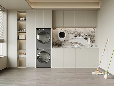 Laundry Room Interior With Stacked Washer Dryer White Cabinets Marble Countertop And Mop 3d model