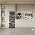 Laundry Room Interior With Stacked Washer Dryer White Cabinets Marble Countertop And Mop