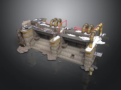 Abandoned Industrial Building With Snow Covered Roof Damaged Stone Walls And Metal Pipes 3d model