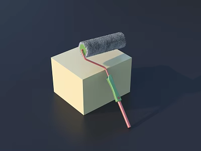 Household Paint Roller With Gray Roller And Green And Pink Handle On Yellow Cube 3d model