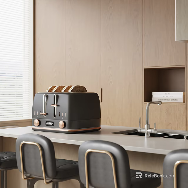 Elegant Modern Open Concept Kitchen With Black Toaster On Countertop And Cabinets 3d model 