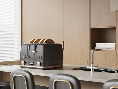 Elegant Modern Open Concept Kitchen With Black Toaster On Countertop And Cabinets 3d model