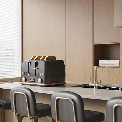 Elegant Modern Open Concept Kitchen With Black Toaster On Countertop And Cabinets 3d model