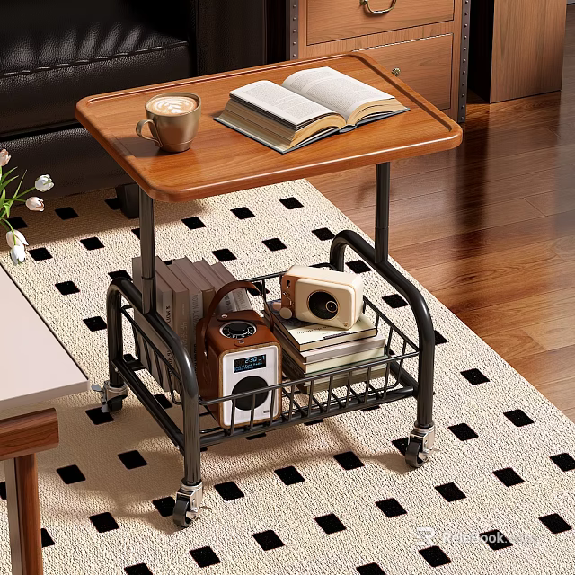 Mobile Storage Shelf With Wooden Top Metal Basket for Books Coffee Radio Camera 3d model 