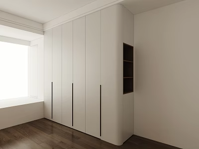 Modern White Wardrobe With Black Handles Open Shelf And Wooden Floor In Interior 3d model