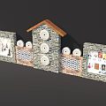 Brick Background Wall With House Shaped Structure Brown Roof Circular Decorations Grid Sections And 3d model