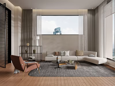 Cozy Living Area Featuring City View L-shaped Sofa Brown Armchair and Soft Rug 3d model
