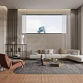Cozy Living Area Featuring City View L-shaped Sofa Brown Armchair and Soft Rug