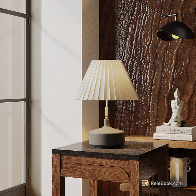 Modern Table Lamp With Pleated White Shade And Gray Base On Wooden Nightstand 3d model 