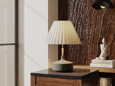 Modern Table Lamp With Pleated White Shade And Gray Base On Wooden Nightstand 3d model