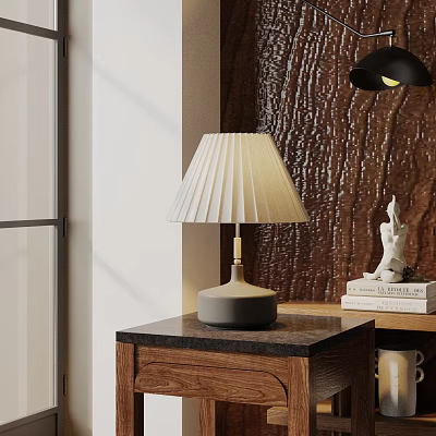 Modern Table Lamp With Pleated White Shade And Gray Base On Wooden Nightstand 3d model